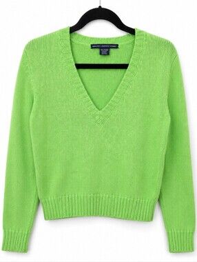 Vintage Ralph Lauren Sport Lime Green Cotton V-Neck Knit Sweater Preppy L Y2K